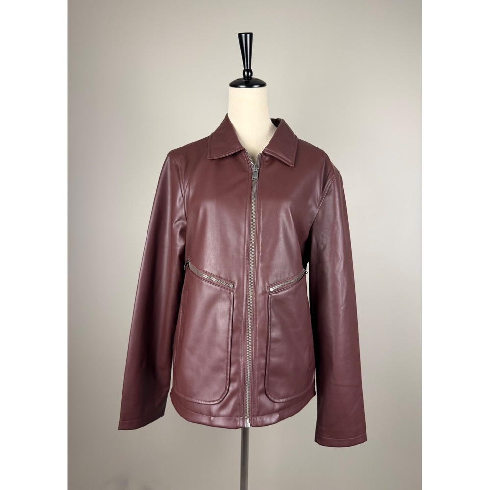 J.Ferrar Faux Leather‎ Jacket Mens Medium Burgundy Zip Front Moto Coat